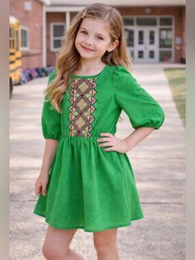 Green Boho Dress Niña Bordado Puff Sleeve Boutique 💚✨